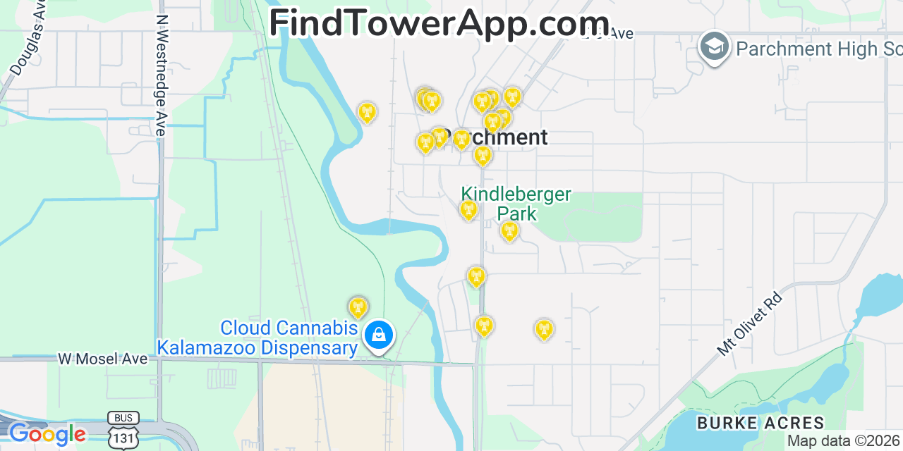 Map showing the 20 primary cell tower locations detected in Parchment, Michigan from AT&T, Verizon, and T-Mobile networks