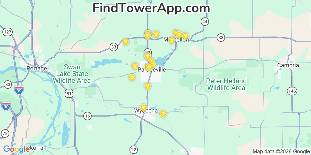Map showing the 20 primary cell tower locations detected in Pardeeville, Wisconsin from AT&T, Verizon, and T-Mobile networks