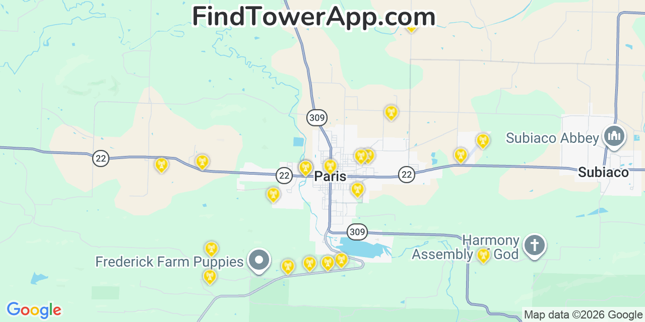 Map showing the 20 primary cell tower locations detected in Paris, Arkansas from AT&T, Verizon, and T-Mobile networks