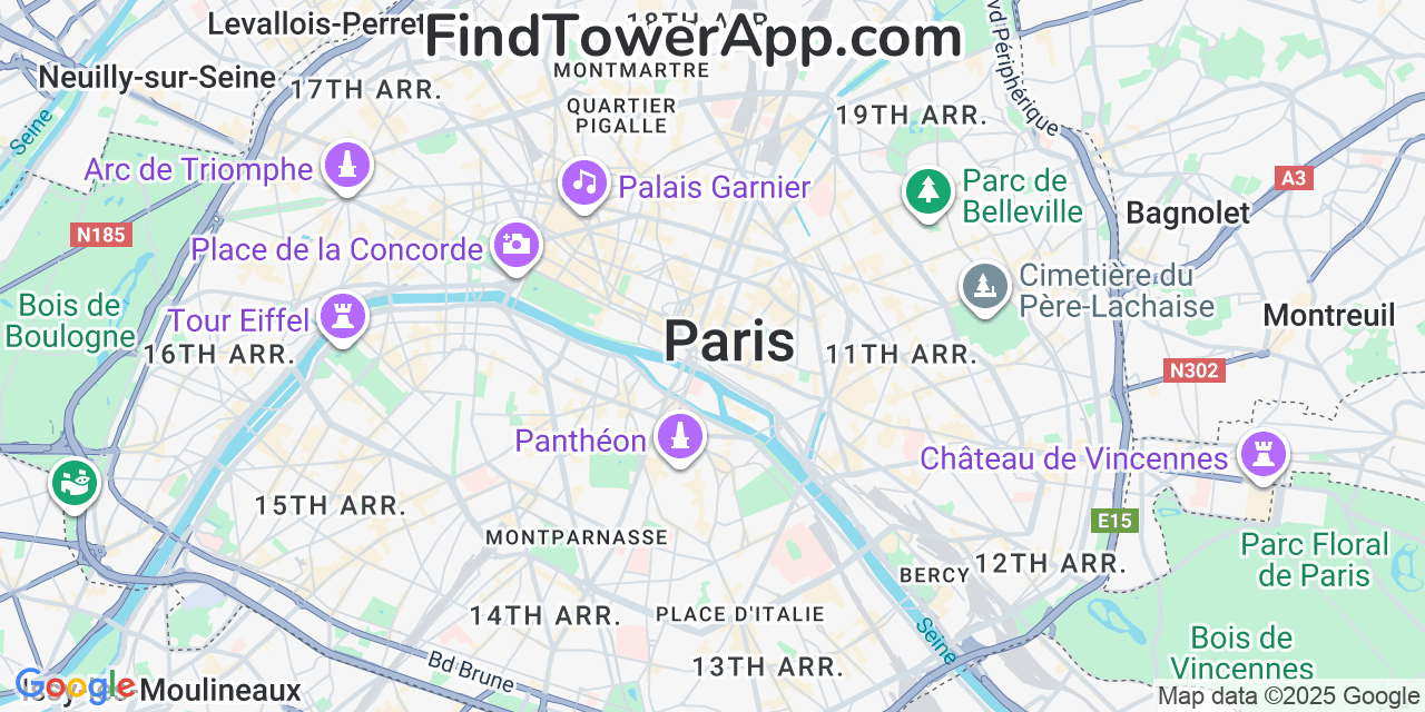 Map showing the 0 primary Bouygues cell tower locations detected in Paris, France with coverage radius and signal strength indicators