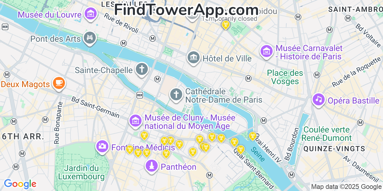 Map showing the 20 primary cell tower locations detected in Paris, France with coverage areas and signal strength