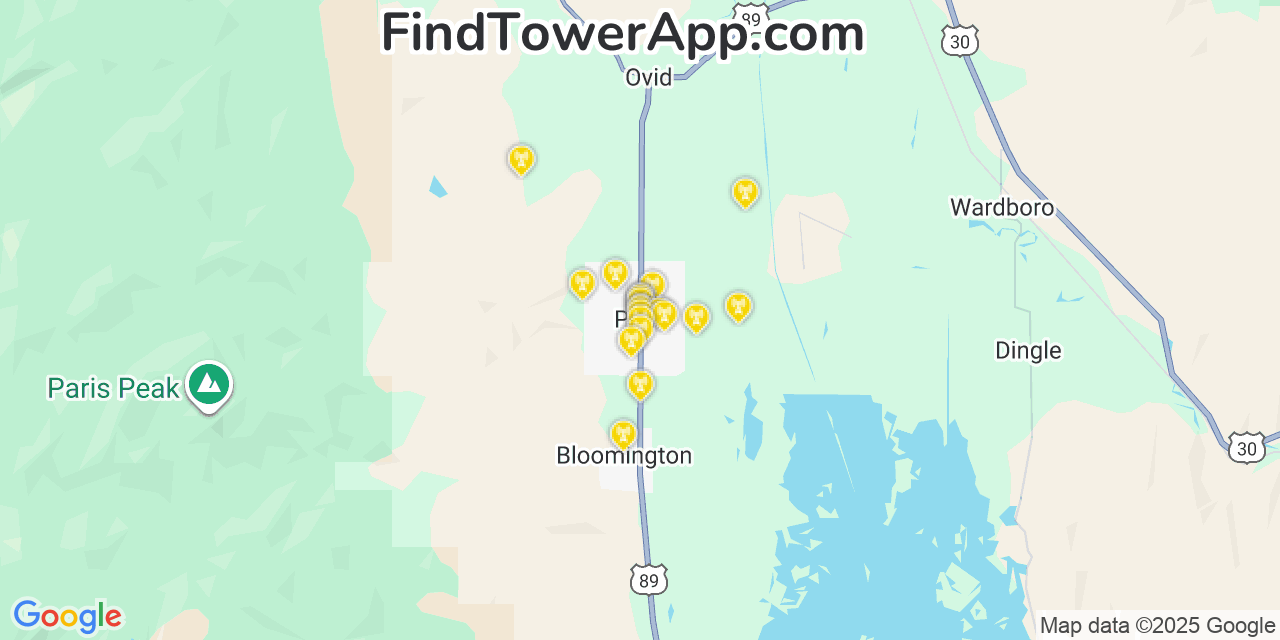 Map showing the 20 primary cell tower locations detected in Paris, Idaho from AT&T, Verizon, and T-Mobile networks