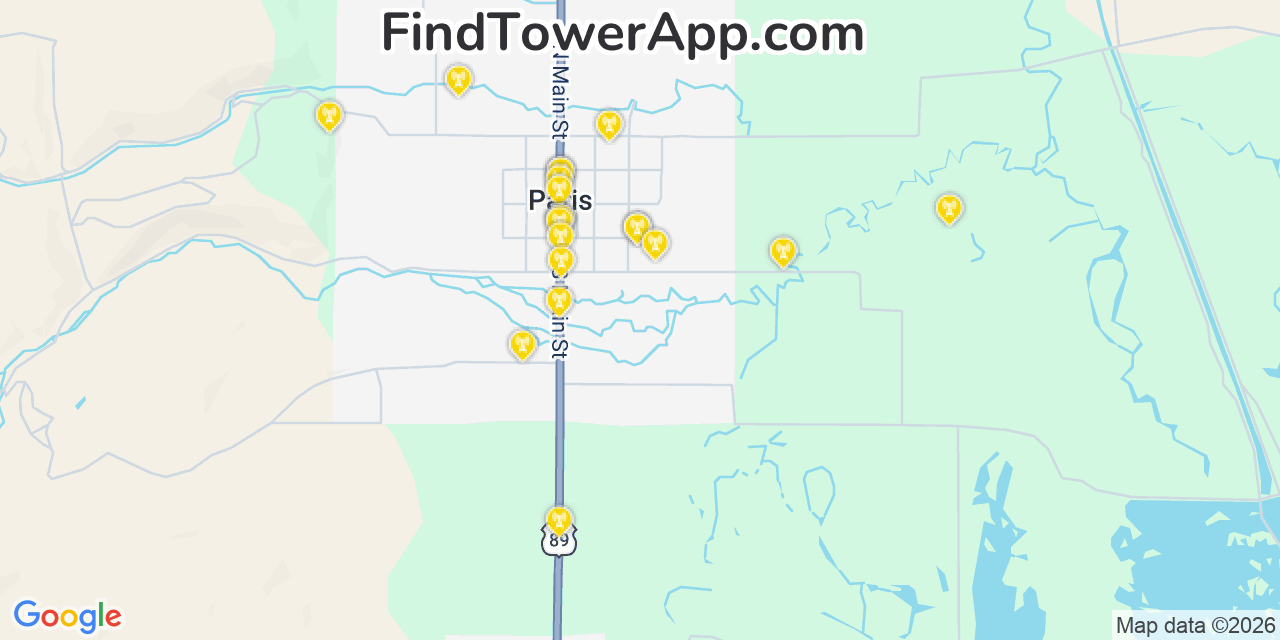 Map showing the 20 primary cell tower locations detected in Paris, Idaho from AT&T, Verizon, and T-Mobile networks