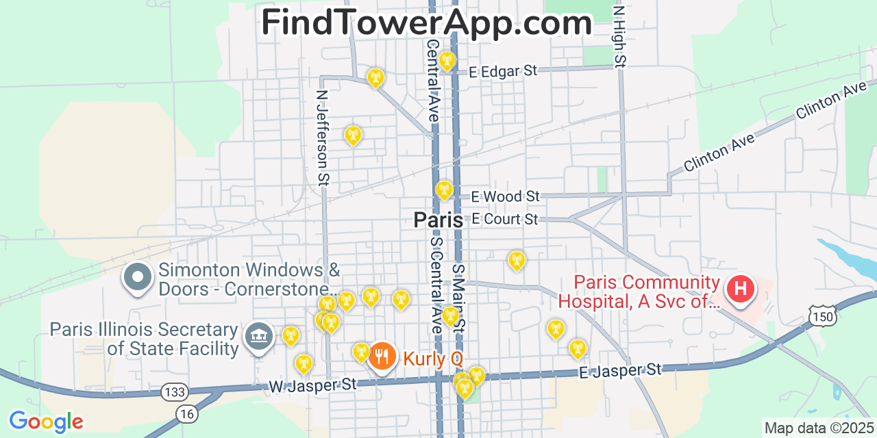 Map showing the 20 primary cell tower locations detected in Paris, Illinois from AT&T, Verizon, and T-Mobile networks