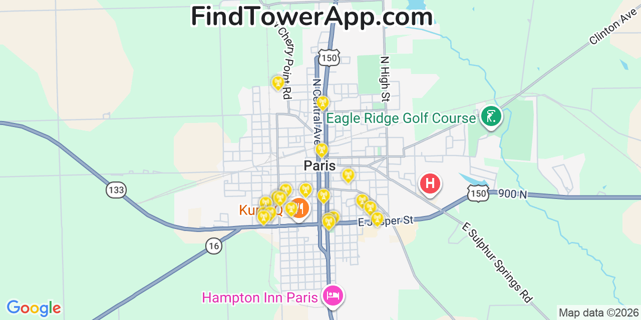 Map showing the 20 primary cell tower locations detected in Paris, Illinois from AT&T, Verizon, and T-Mobile networks