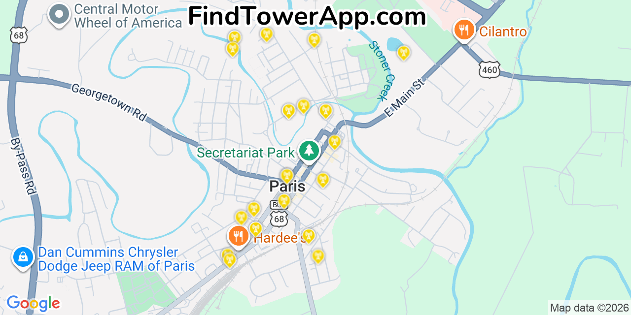 Map showing the 20 primary cell tower locations detected in Paris, Kentucky from AT&T, Verizon, and T-Mobile networks