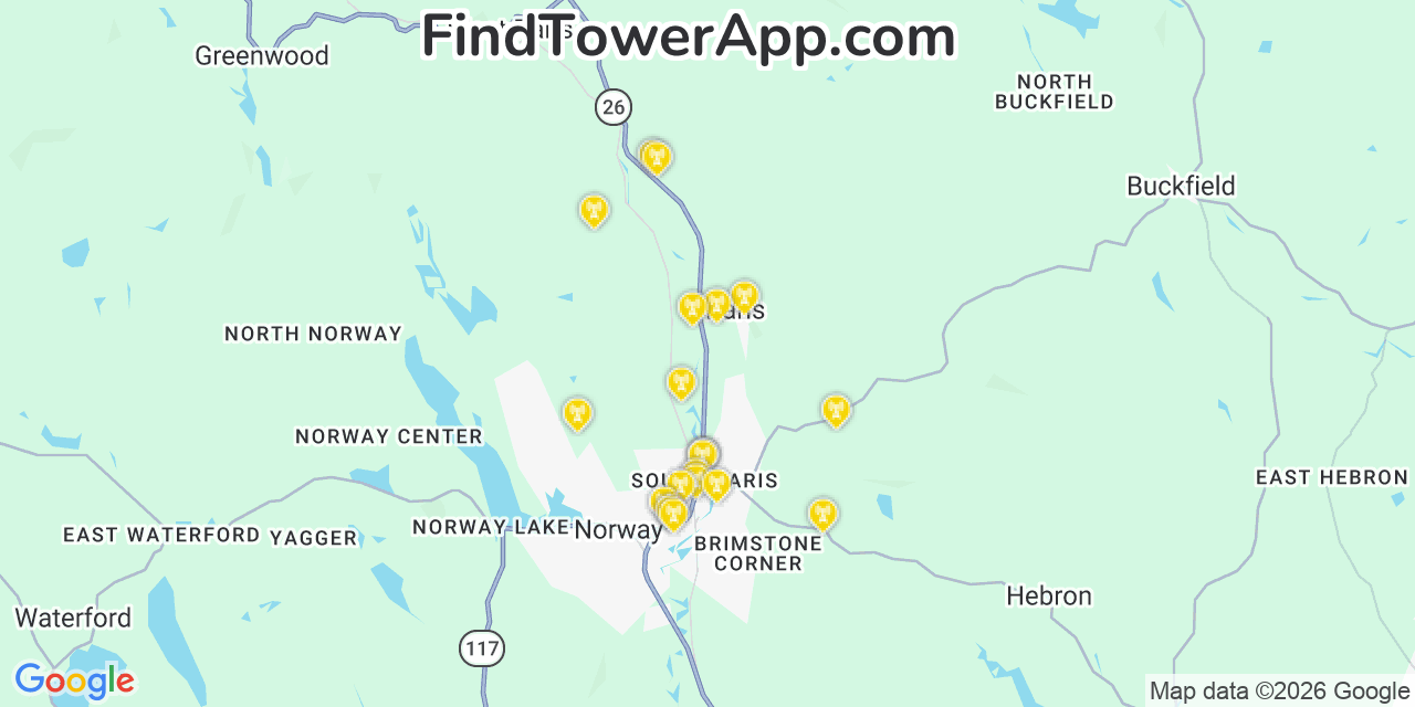 Map showing the 20 primary cell tower locations detected in Paris, Maine from AT&T, Verizon, and T-Mobile networks