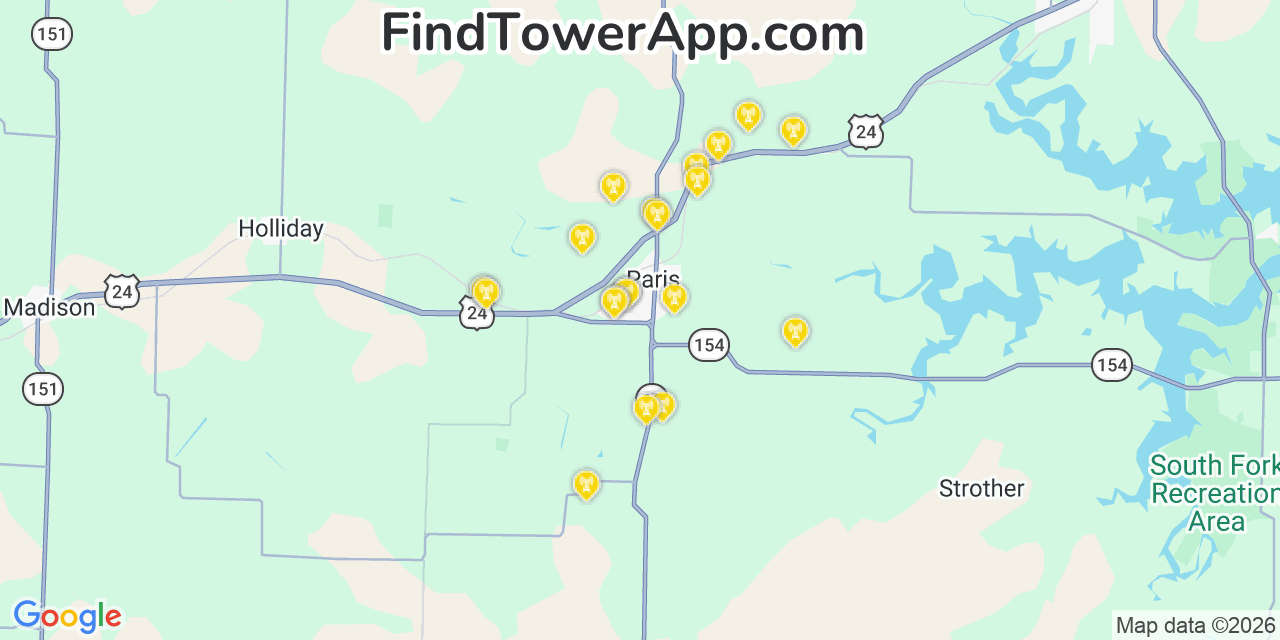 Map showing the 20 primary cell tower locations detected in Paris, Missouri from AT&T, Verizon, and T-Mobile networks