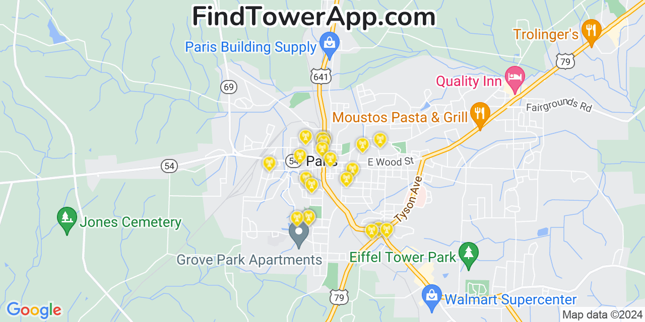 AT&T 4G/5G cell tower coverage map Paris, Tennessee