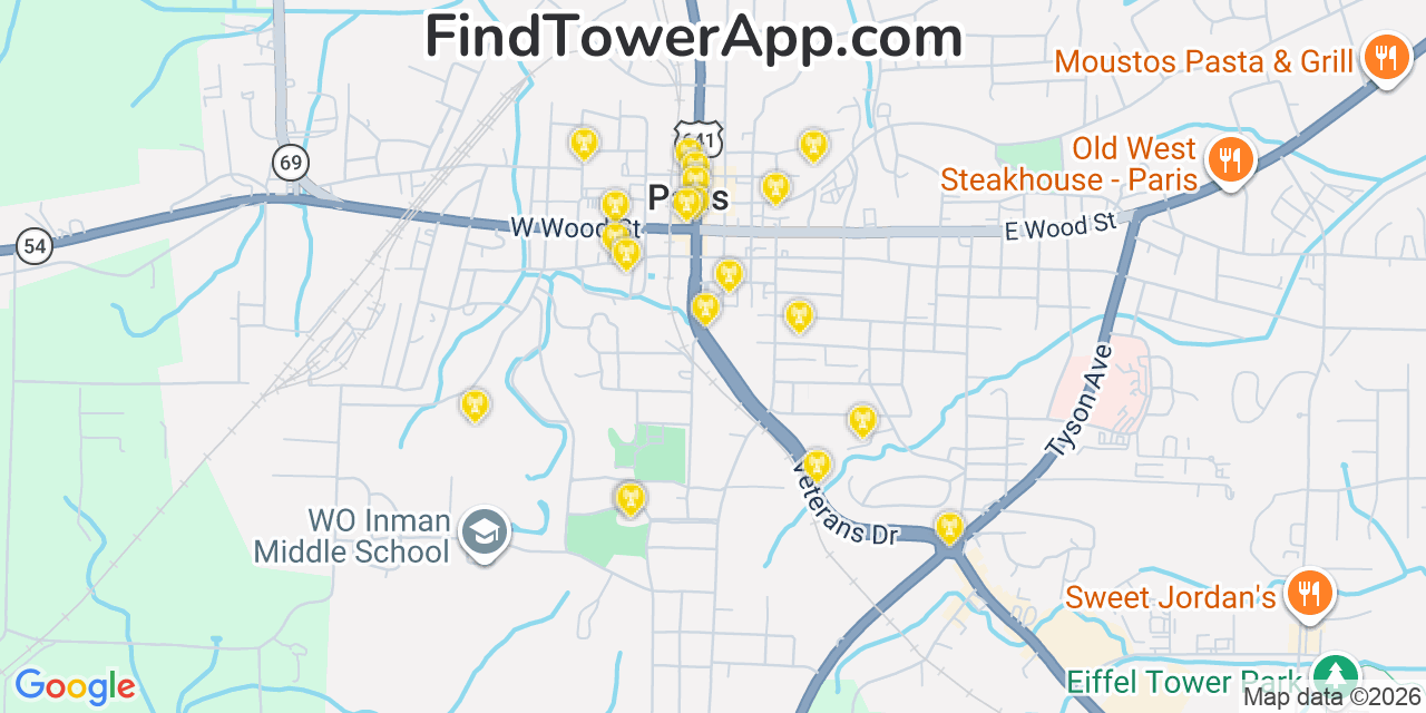 Map showing the 20 primary cell tower locations detected in Paris, Tennessee from AT&T, Verizon, and T-Mobile networks