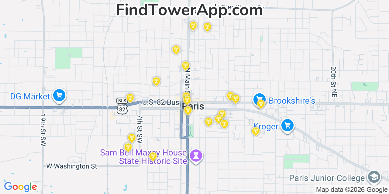 Map showing the 20 primary cell tower locations detected in Paris, Texas from AT&T, Verizon, and T-Mobile networks