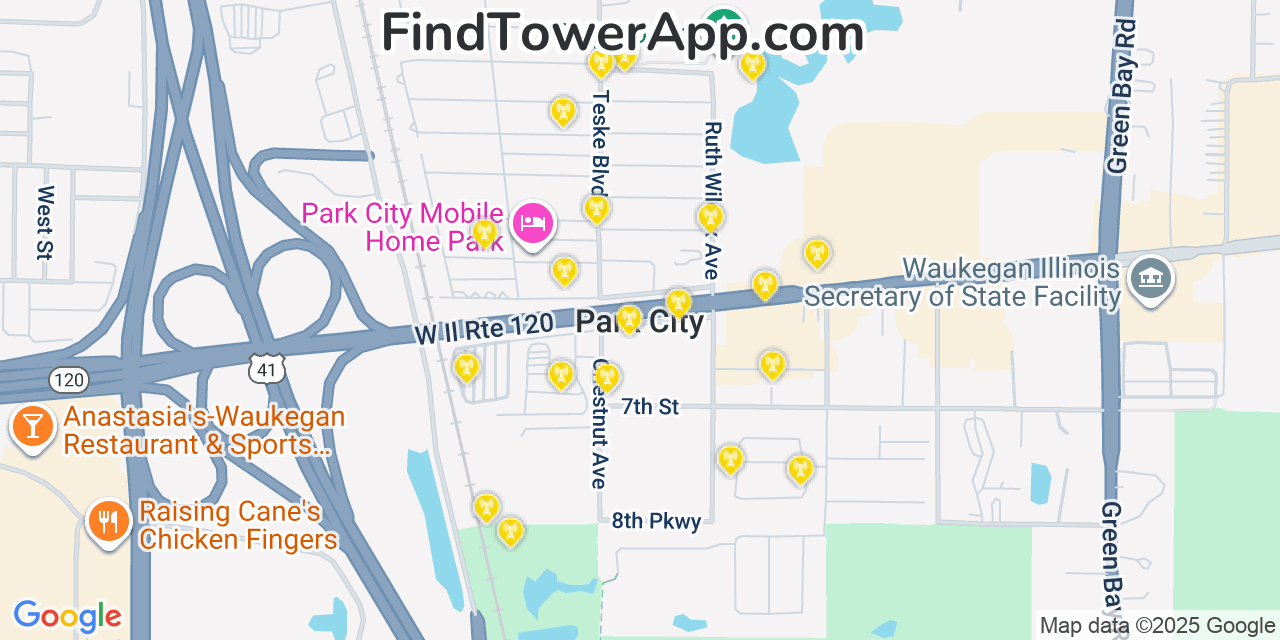 Map showing the 20 primary cell tower locations detected in Park City, Illinois from AT&T, Verizon, and T-Mobile networks