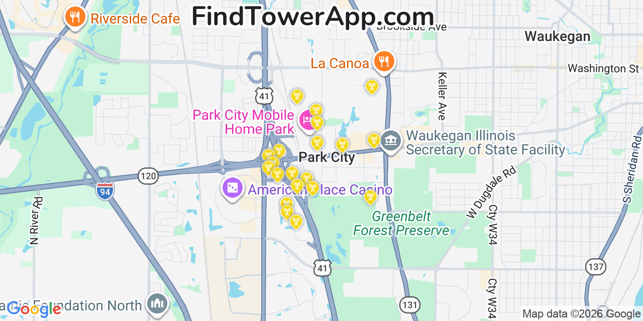 Map showing the 20 primary cell tower locations detected in Park City, Illinois from AT&T, Verizon, and T-Mobile networks