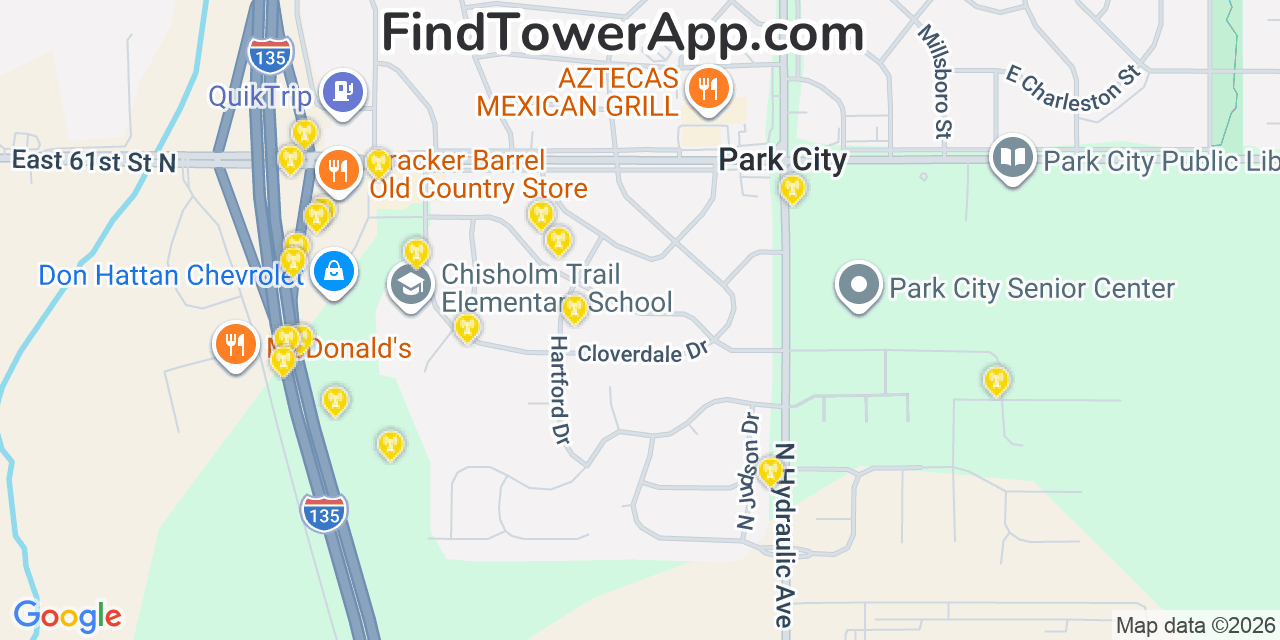 Map showing the 20 primary cell tower locations detected in Park City, Kansas from AT&T, Verizon, and T-Mobile networks