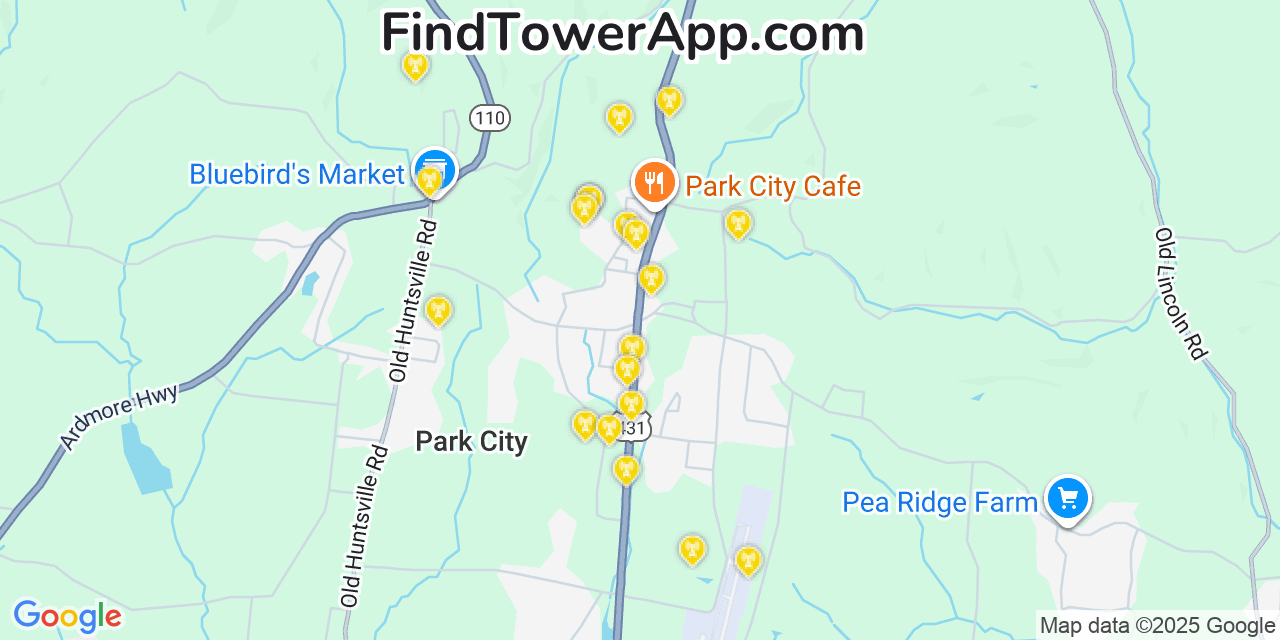 Map showing the 20 primary cell tower locations detected in Park City, Tennessee from AT&T, Verizon, and T-Mobile networks