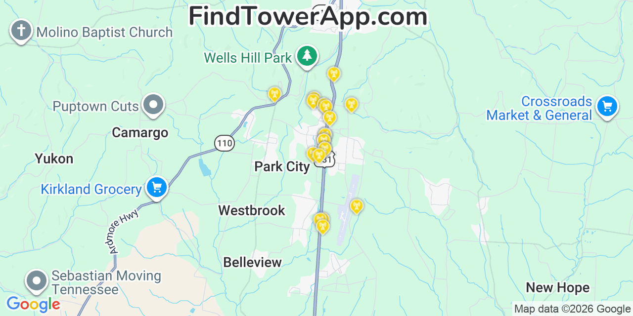 Map showing the 20 primary cell tower locations detected in Park City, Tennessee from AT&T, Verizon, and T-Mobile networks