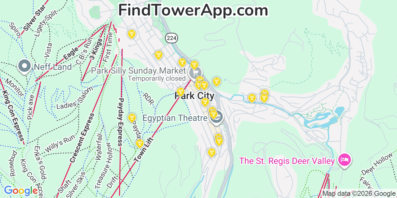 Map showing the 20 primary cell tower locations detected in Park City, Utah from AT&T, Verizon, and T-Mobile networks