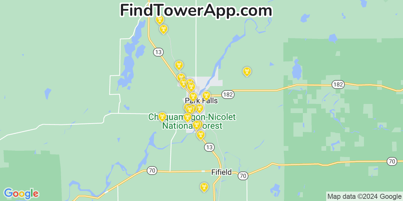 AT&T 4G/5G cell tower coverage map Park Falls, Wisconsin