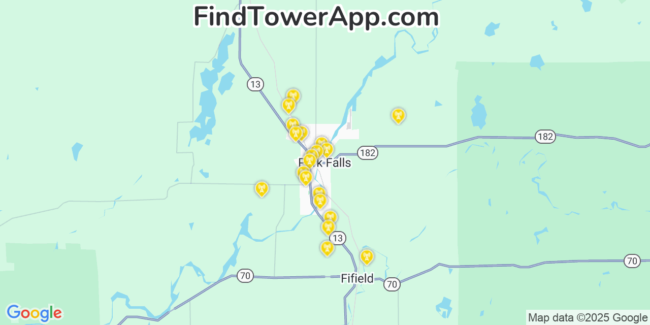 Map showing the 20 primary cell tower locations detected in Park Falls, Wisconsin from AT&T, Verizon, and T-Mobile networks