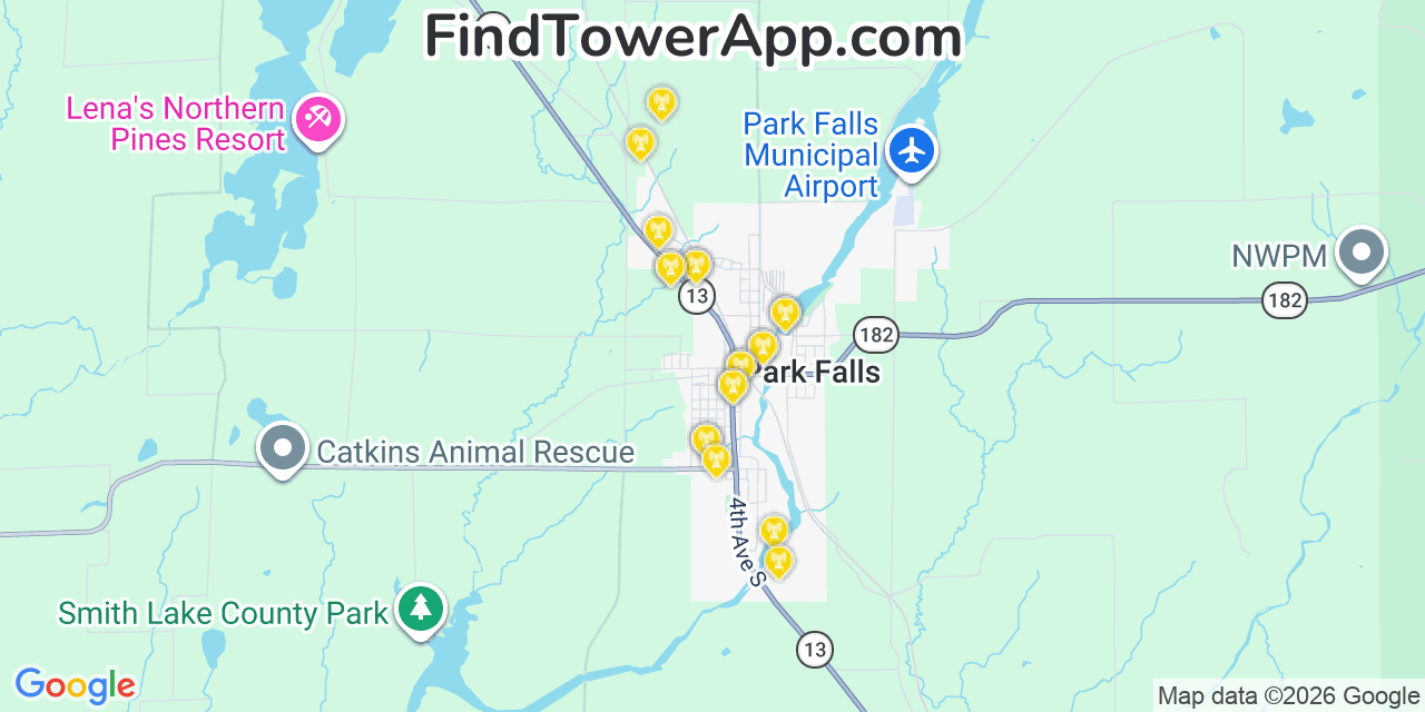 Map showing the 20 primary cell tower locations detected in Park Falls, Wisconsin from AT&T, Verizon, and T-Mobile networks