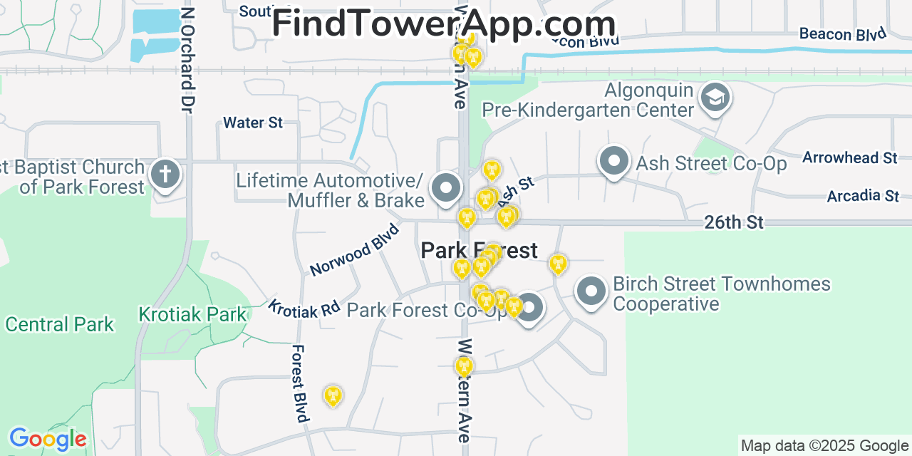 Map showing the 20 primary cell tower locations detected in Park Forest, Illinois from AT&T, Verizon, and T-Mobile networks