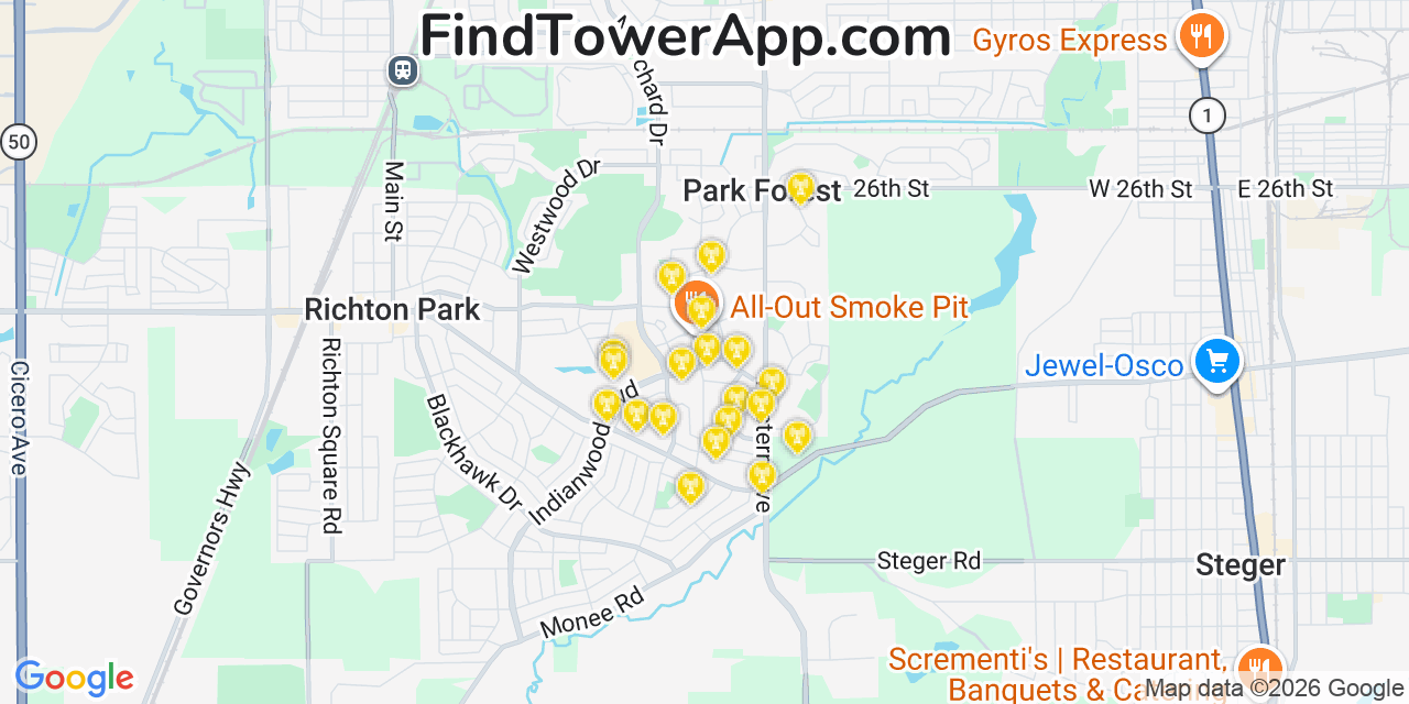 Map showing the 20 primary cell tower locations detected in Park Forest, Illinois from AT&T, Verizon, and T-Mobile networks