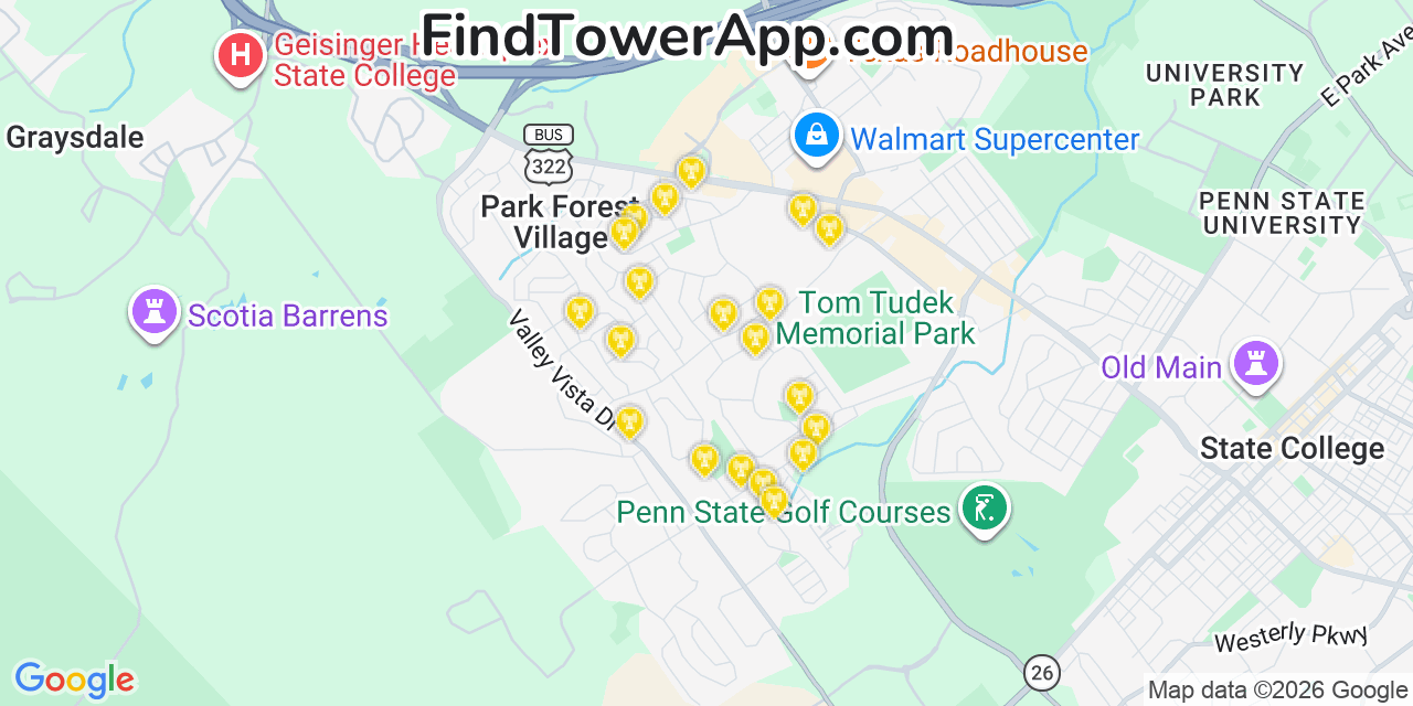 Map showing the 20 primary cell tower locations detected in Park Forest Village, Pennsylvania from AT&T, Verizon, and T-Mobile networks