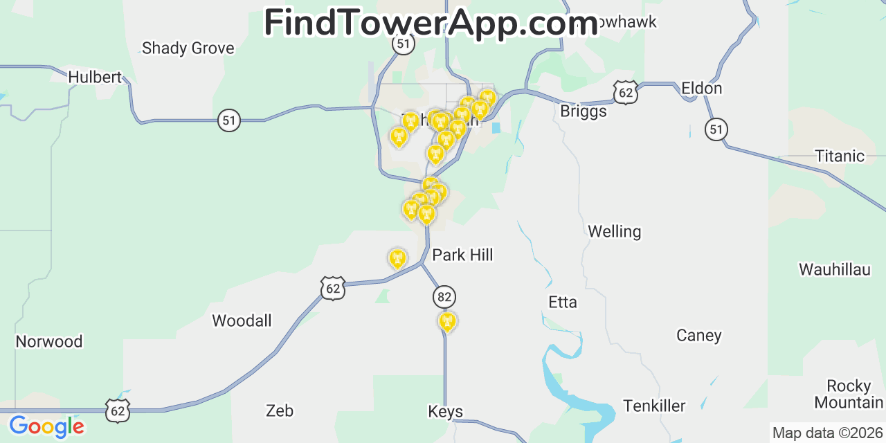 Map showing the 20 primary cell tower locations detected in Park Hill, Oklahoma from AT&T, Verizon, and T-Mobile networks
