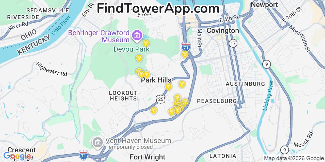Map showing the 20 primary cell tower locations detected in Park Hills, Kentucky from AT&T, Verizon, and T-Mobile networks