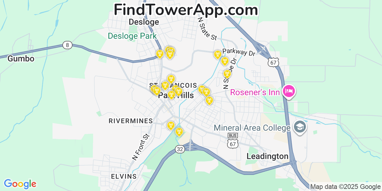 Map showing the 20 primary cell tower locations detected in Park Hills, Missouri from AT&T, Verizon, and T-Mobile networks