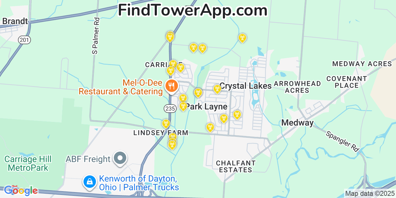Map showing the 20 primary cell tower locations detected in Park Layne, Ohio from AT&T, Verizon, and T-Mobile networks