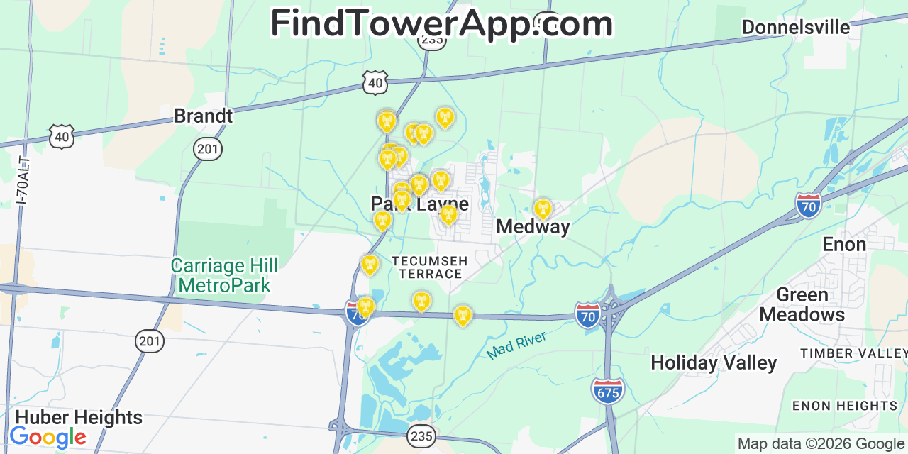 Map showing the 20 primary cell tower locations detected in Park Layne, Ohio from AT&T, Verizon, and T-Mobile networks