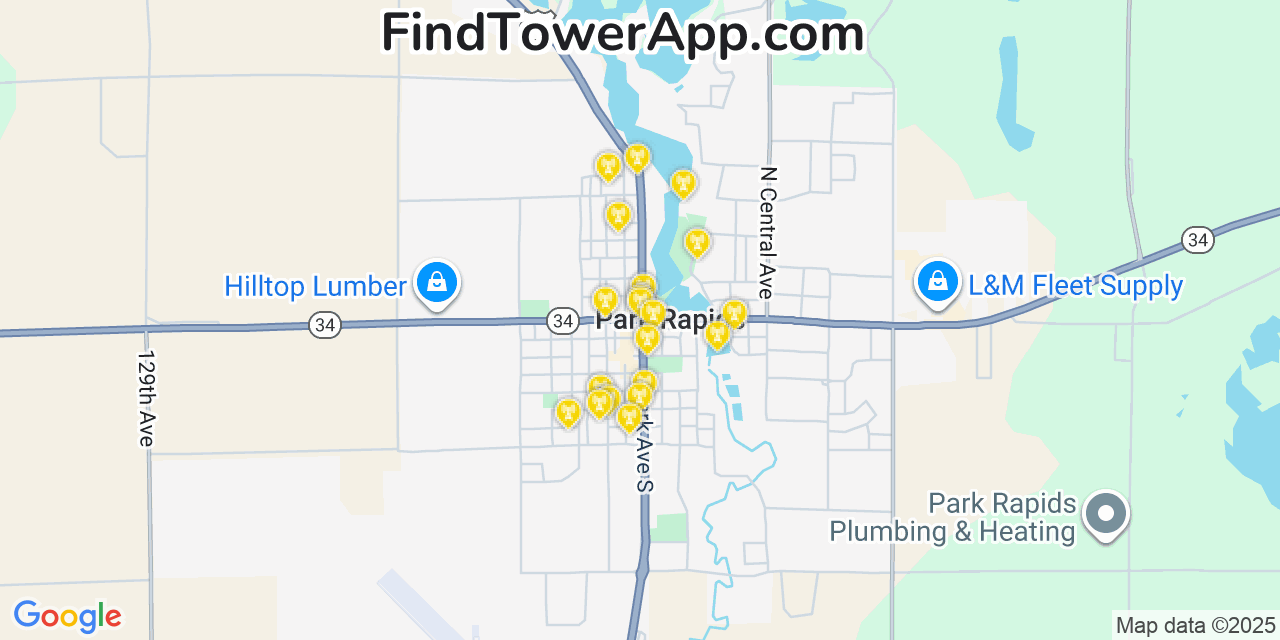 Map showing the 20 primary cell tower locations detected in Park Rapids, Minnesota from AT&T, Verizon, and T-Mobile networks