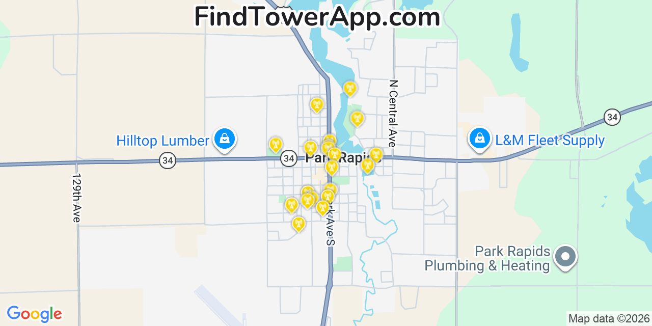 Map showing the 20 primary cell tower locations detected in Park Rapids, Minnesota from AT&T, Verizon, and T-Mobile networks
