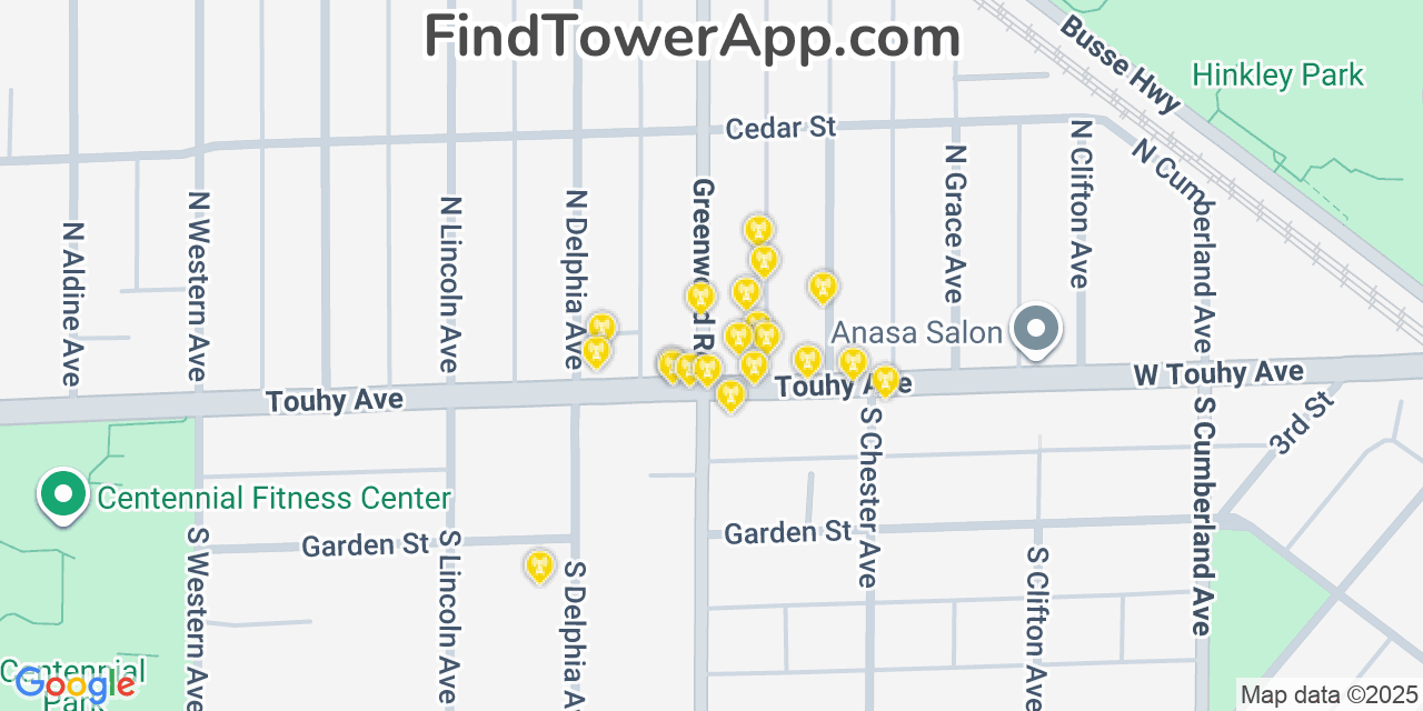 Map showing the 20 primary cell tower locations detected in Park Ridge, Illinois from AT&T, Verizon, and T-Mobile networks