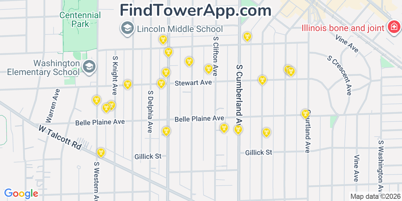 Map showing the 20 primary cell tower locations detected in Park Ridge, Illinois from AT&T, Verizon, and T-Mobile networks