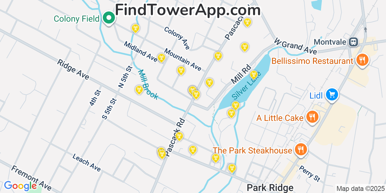 Map showing the 20 primary cell tower locations detected in Park Ridge, New Jersey from AT&T, Verizon, and T-Mobile networks