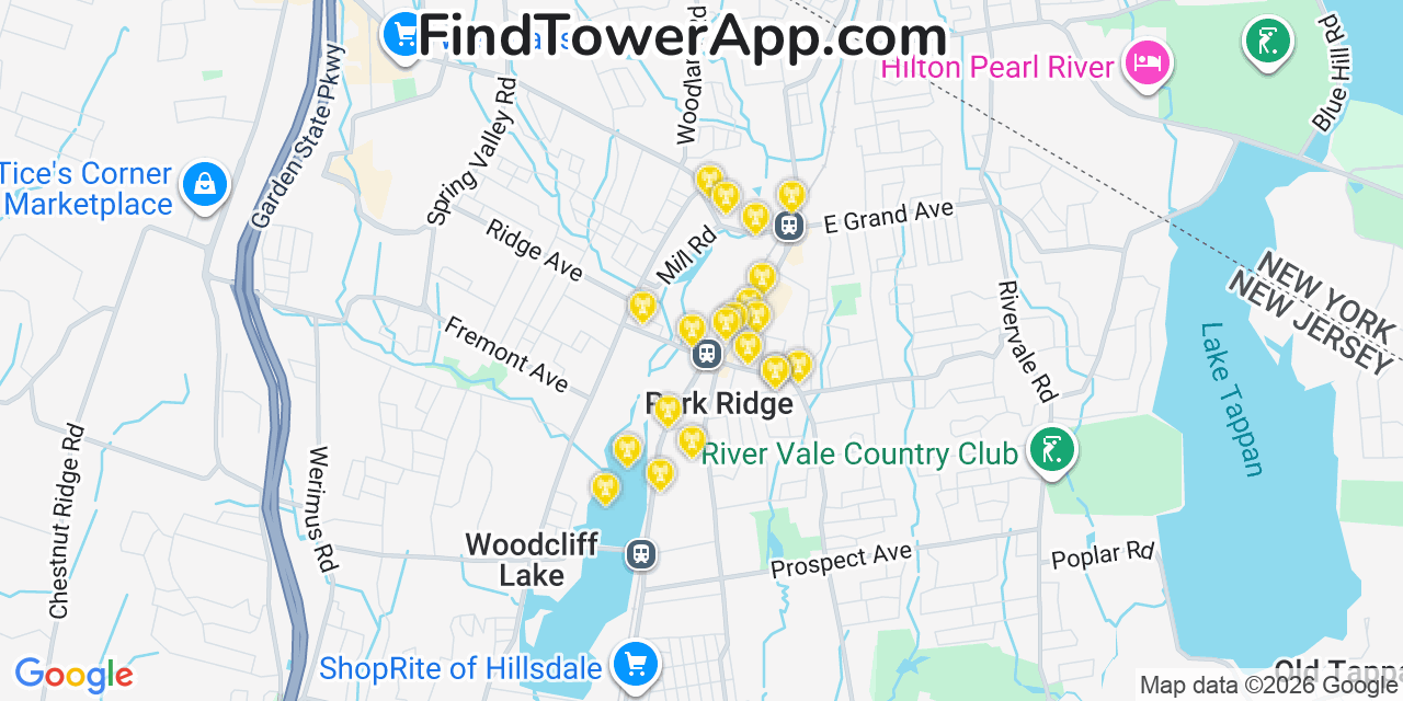 Map showing the 20 primary cell tower locations detected in Park Ridge, New Jersey from AT&T, Verizon, and T-Mobile networks