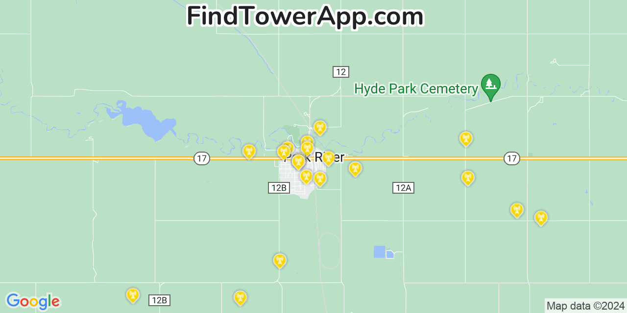 AT&T 4G/5G cell tower coverage map Park River, North Dakota