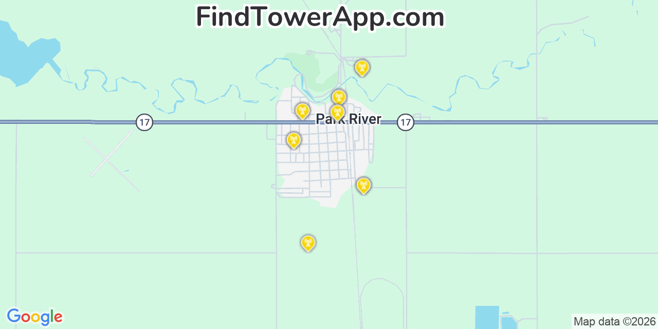 Map showing the 20 primary cell tower locations detected in Park River, North Dakota from AT&T, Verizon, and T-Mobile networks