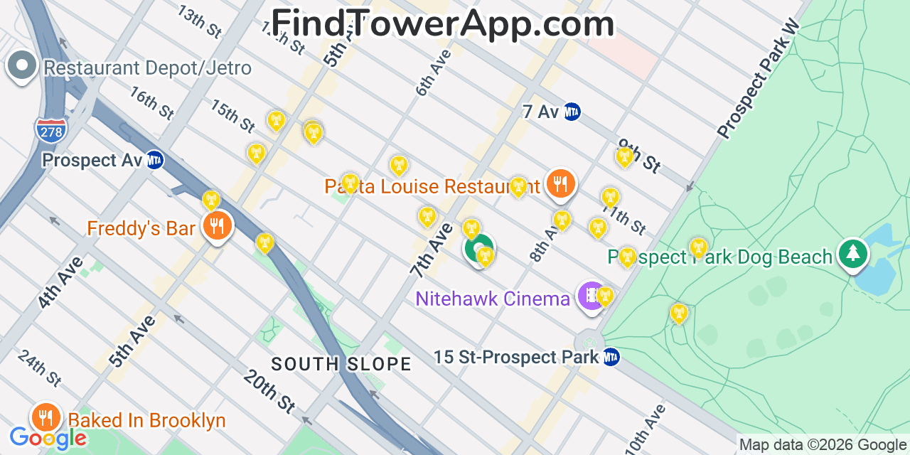 Map showing the 20 primary cell tower locations detected in Park Slope, New York from AT&T, Verizon, and T-Mobile networks