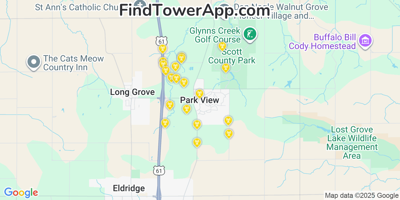 Map showing the 20 primary cell tower locations detected in Park View, Iowa from AT&T, Verizon, and T-Mobile networks