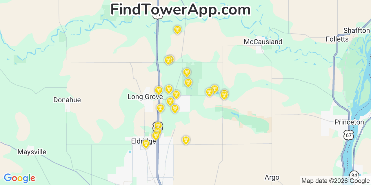 Map showing the 20 primary cell tower locations detected in Park View, Iowa from AT&T, Verizon, and T-Mobile networks
