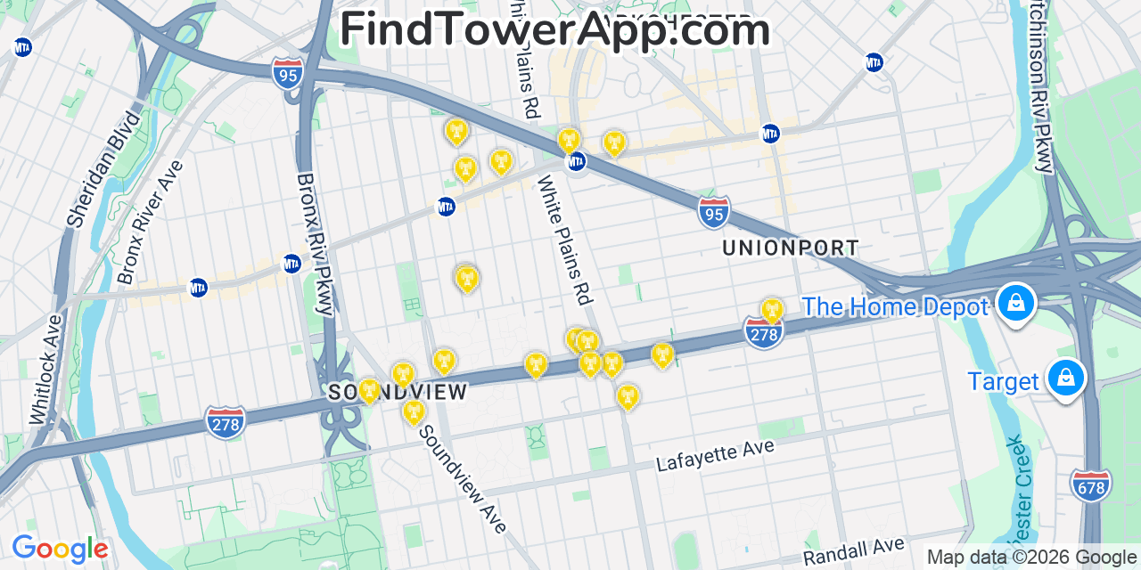 Map showing the 20 primary cell tower locations detected in Parkchester, New York from AT&T, Verizon, and T-Mobile networks