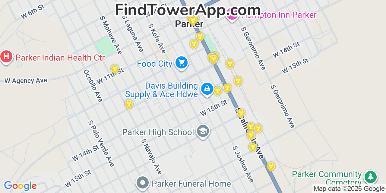 Map showing the 20 primary cell tower locations detected in Parker, Arizona from AT&T, Verizon, and T-Mobile networks