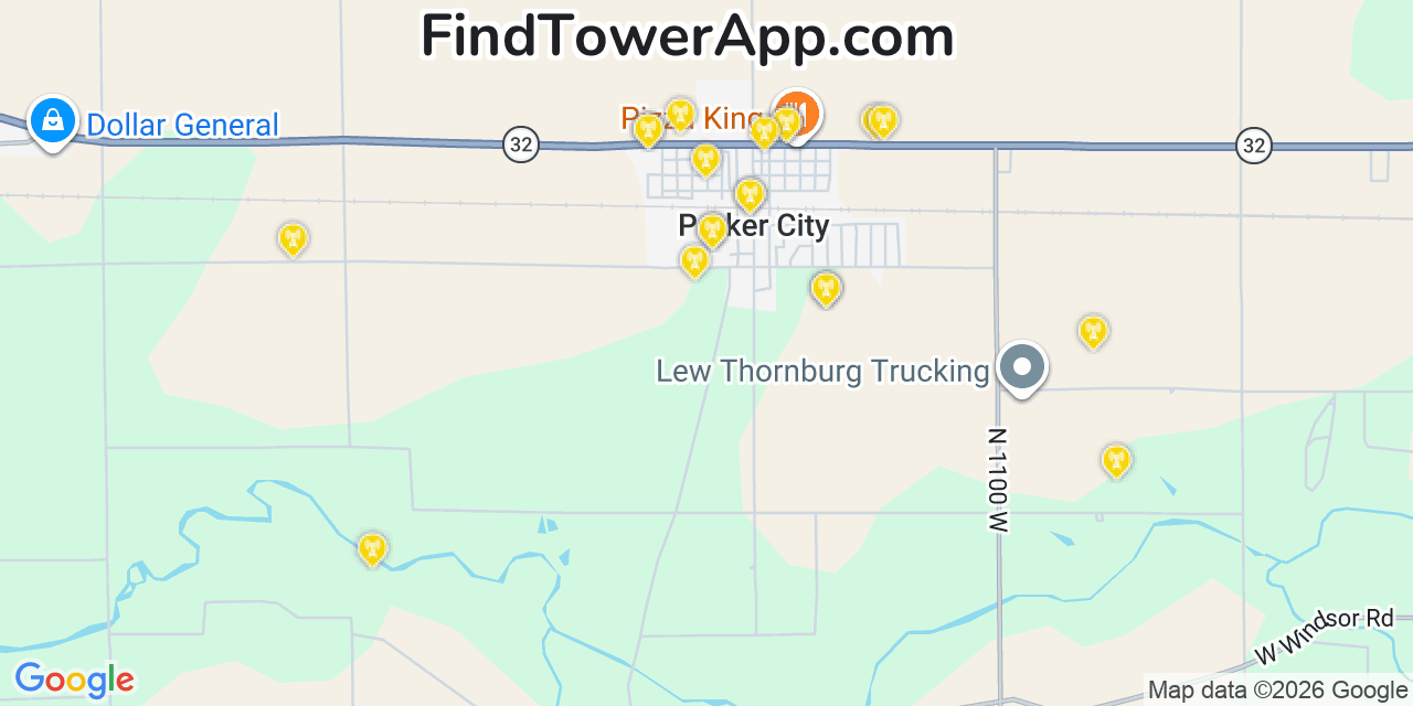 Map showing the 20 primary cell tower locations detected in Parker City, Indiana from AT&T, Verizon, and T-Mobile networks