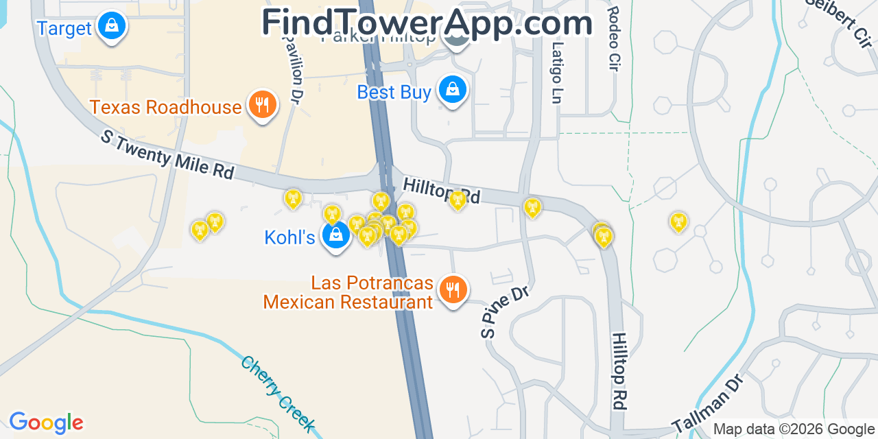 Map showing the 20 primary cell tower locations detected in Parker, Colorado from AT&T, Verizon, and T-Mobile networks