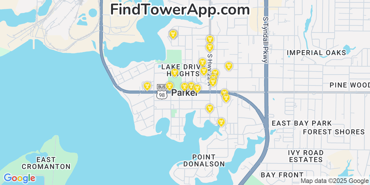 Map showing the 20 primary cell tower locations detected in Parker, Florida from AT&T, Verizon, and T-Mobile networks