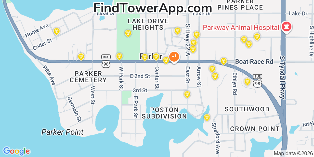 Map showing the 20 primary cell tower locations detected in Parker, Florida from AT&T, Verizon, and T-Mobile networks
