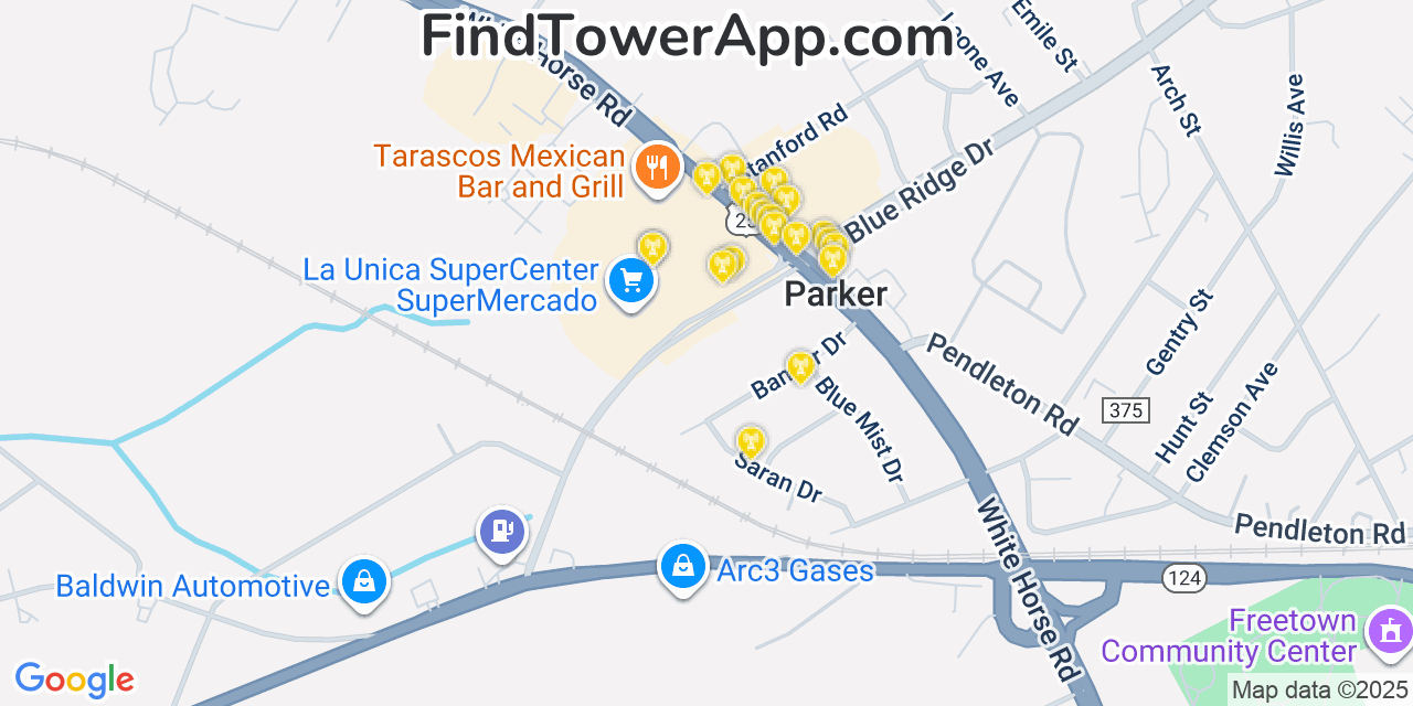 Map showing the 20 primary cell tower locations detected in Parker, South Carolina from AT&T, Verizon, and T-Mobile networks